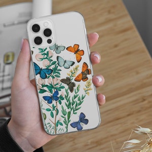 Vintage Butterfly Bohemian Clear Phone Case iPhone 17 16e 16 15 14 13 12 Samsung Galaxy S25 S24 S23 S22 S21 flowers, Clear Case TPU Hybrid