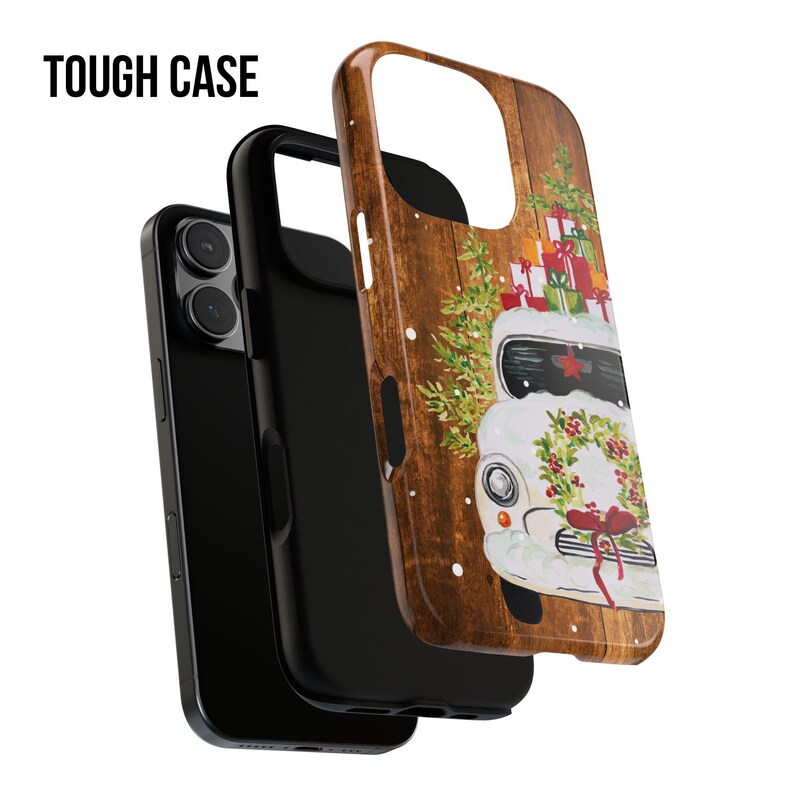 May include: A tough case for a phone with a Christmas-themed design. The case features a white truck with a wreath and presents on top, driving on a wood-grain background.