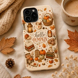 Può includere: Una cover per telefono color crema con un motivo autunnale che include zucche, un cesto, una lanterna, una pila di maglioni, libri e tazze. Il testo "hello PUMPKIN" è stampato al centro in un carattere marrone corsivo e con grazie.