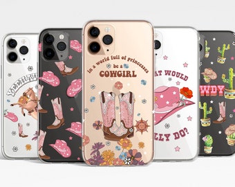 Custodia trasparente Western Country Cowgirl per iPhone 17e 17 16e 16 15 14 13 12 Samsung Galaxy S26 S25 S24 S23 Custodia in TPU ibrida con motivo cowboy e cactus