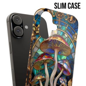May include: A slim phone case featuring a colorful mushroom design with the text "SLIM CASE". The case has a stained-glass style with vibrant hues of red, blue, green, and purple. The mushrooms have detailed caps and stems.