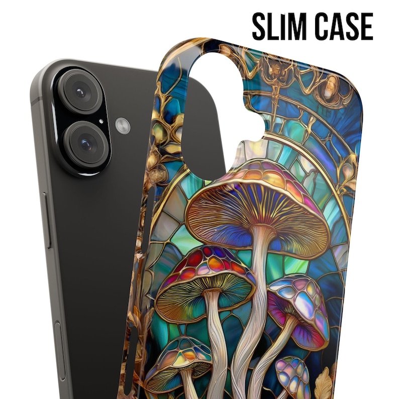 May include: A slim phone case featuring a colorful mushroom design with the text "SLIM CASE". The case has a stained-glass style with vibrant hues of red, blue, green, and purple. The mushrooms have detailed caps and stems.