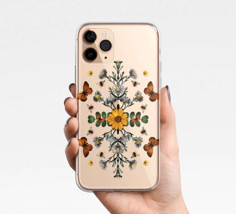 May include: A clear phone case with a floral design featuring butterflies, bees, and sunflowers. The case is designed for an iPhone.