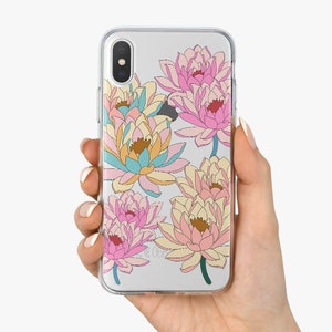 May include: A clear phone case with a floral design. The flowers are pink, yellow, and blue and have a watercolor-like appearance.