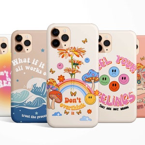 Affirmation Quote Groovy Phone Case for iPhone 15 14 13 12 11 XR XS Samsung Galaxy S24 S23 S22 MagSafe smiling flowers mushroom, smiley