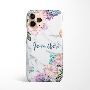 Custom Name Succulent Marble Phone Case iPhone 16e 16 15 14, 13, 12, 11 Samsung Galaxy S25 S24 S23  S22, S21 Ultra Personalized gift idea