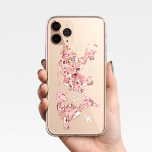 Rosa Blumen Weltkarte Handytasche für iPhone 16 15 14 13 12, 11 Samsung Galaxy S25 S24 S23, S22 S21 klare Hülle TPU Hybrid Weltkarte, Reisen