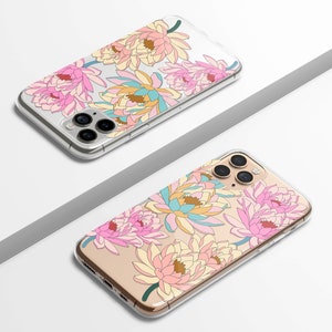 May include: Two clear phone cases with a floral design. The cases feature pink, yellow, and blue flowers on a white background. The cases are designed for an iPhone.