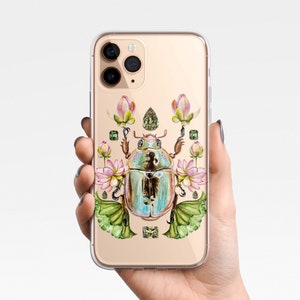 Cute Scrabeus Bug Clear Phone Case iPhone 16e 16 15 14 13 12 11 Samsung Galaxy S25 S24 S23 S22 S21 transparent phone case watercolor lotus