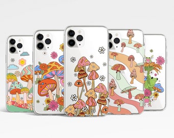 Retro Groovy Mushroom Clear Case iPhone 17e 17 16e 16 15 14 13 12 11 Samsung S26 S25 S24 S23 S22 S21 groovy retro flowers Case TPU Hybrid