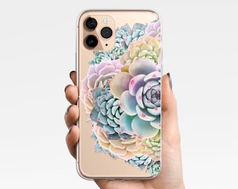Funda transparente con diseño de suculentas para iPhone 17, 16e, 15, 14, 13 y 12, Samsung Galaxy S25, S24, S23, S22 y S21. Diseño floral con cactus y flores. Fabricada en TPU híbrido en tonos pastel. Ideal para regalar.