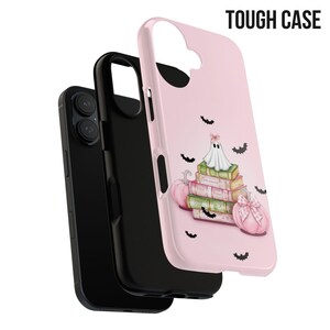 May include: A pink phone case with a ghost and stack of books, pumpkins, and bats. The text "TOUGH CASE" is in the top right corner.