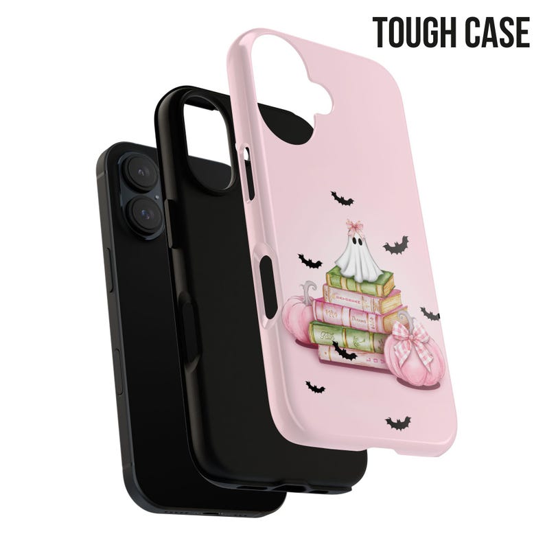May include: A pink phone case with a ghost and stack of books, pumpkins, and bats. The text "TOUGH CASE" is in the top right corner.