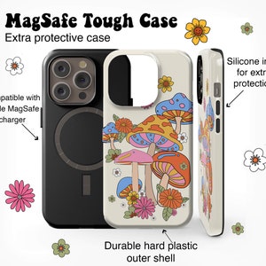 May include: A black MagSafe Tough Case with a cream-colored phone case featuring a colorful mushroom design. The case has a durable hard plastic outer shell and silicone inlay for extra protection. The text "MagSafe Tough Case" is at the top.