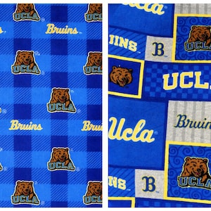 UCLA Bruins Fleece Fabric By The Yard, NCAA College Print Blue Gold Plaid Patchwork, Soft Blanket Fabric, DIY No Sew Throw Material