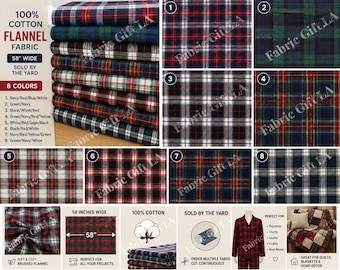 Plaid Cotton Flannel Fabric by the Yard, 100% Cotton, 58” Wide, Soft Brushed Fabric for Pajamas, Quilts, Shirts & Crafts