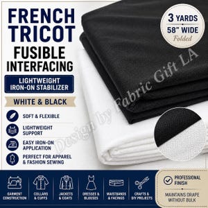 Può includere: Interfodera termoadesiva French Tricot in bianco e nero. Il tessuto è lungo 3 iarde e largo 58 pollici. Questo stabilizzatore termoadesivo leggero è morbido e flessibile, progettato per la confezione di capi, colletti, polsini, giacche e camicette.