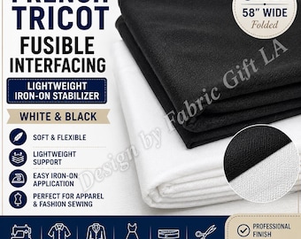 French Tricot Fusible Interfacing Fabric, Lightweight Iron-On Stabilizer, White or Black, 3 Yards x 58 Inches Wide Folded