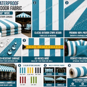 May include: Waterproof outdoor fabric with a blue and white stripe design. The fabric is 60 inches wide and perfect for awnings, umbrellas, and cushions. It is water-resistant and made of 100% polyester. The text says "Waterproof Outdoor Fabric".