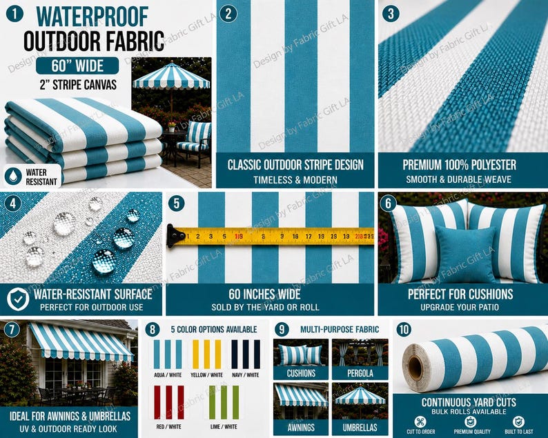 May include: Waterproof outdoor fabric with a blue and white stripe design. The fabric is 60 inches wide and perfect for awnings, umbrellas, and cushions. It is water-resistant and made of 100% polyester. The text says "Waterproof Outdoor Fabric".
