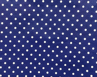 May include: A close-up of a navy blue fabric with a repeating pattern of white polka dots. The dots are evenly spaced and of a consistent size, creating a classic and versatile design.