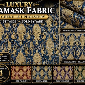 Tissu d'ameublement en chenille damassé de luxe par mètre, brocart floral Renaissance, tissu de draperie épais 58 po. de large, rouge bleu violet chasseur or