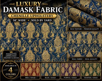 Tela de tapicería de chenilla damasco de lujo cortada a medida, brocado floral renacentista, tela para cortinas pesadas de 58” de ancho, rojo, azul, morado, dorado cazador
