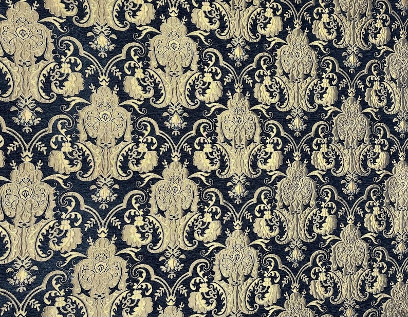 Luxury Chenille Damask Fabric by the Yard, 58” Wide Upholstery Fabric, Heavyweight Curtain Fabric, Baroque Home Decor Textile, Sofa & Pillow Black/Gold