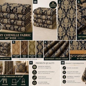 Luxury Chenille Damask Fabric by the Yard, 58” Wide Upholstery Fabric, Heavyweight Curtain Fabric, Baroque Home Decor Textile, Sofa & Pillow image 11