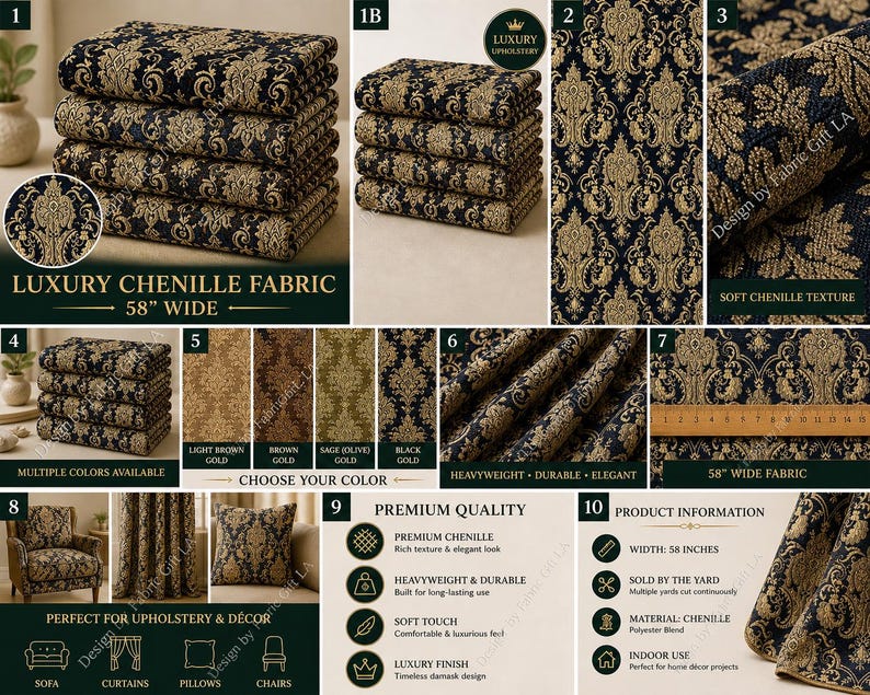 Luxury Chenille Damask Fabric by the Yard, 58” Wide Upholstery Fabric, Heavyweight Curtain Fabric, Baroque Home Decor Textile, Sofa & Pillow image 11