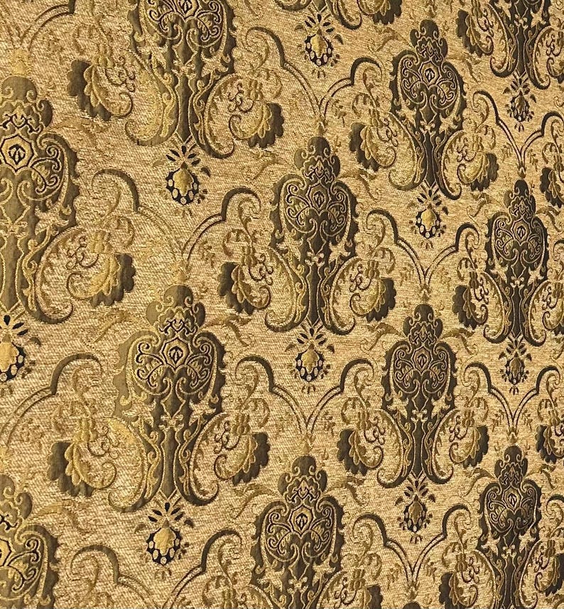 Luxury Chenille Damask Fabric by the Yard, 58” Wide Upholstery Fabric, Heavyweight Curtain Fabric, Baroque Home Decor Textile, Sofa & Pillow Light Brown/Gold