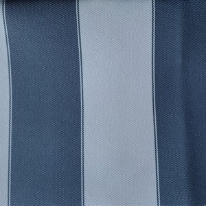 May include: A fabric swatch featuring a vertical striped pattern in shades of blue and light gray. The fabric has a textured appearance and a serged edge on one side. The stripes are of equal width.