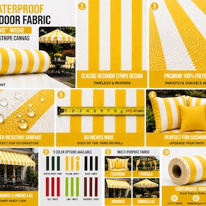May include: Yellow and white striped waterproof outdoor fabric, 60 inches wide, ideal for awnings, umbrellas, and cushions. The fabric is water-resistant and made of 100% polyester. The image shows a roll of fabric and examples of its use.