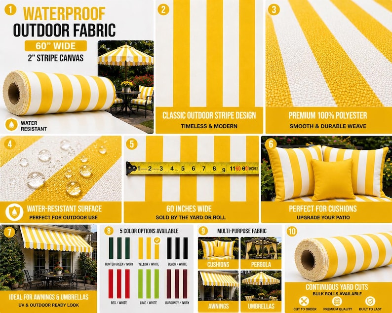 May include: Yellow and white striped waterproof outdoor fabric, 60 inches wide, ideal for awnings, umbrellas, and cushions. The fabric is water-resistant and made of 100% polyester. The image shows a roll of fabric and examples of its use.