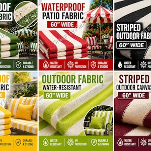 Puede incluir: Colección de telas impermeables para exteriores con diseños a rayas en varios colores, incluyendo verde, rojo, negro y amarillo. Cada tela mide 152 cm de ancho y está diseñada para uso exterior, resistente al agua y a los rayos UV.