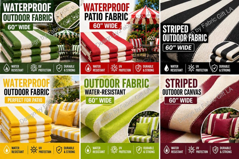 May include: A collection of waterproof outdoor fabrics in various striped patterns and colors, including green, red, black, and yellow. Each fabric is 60 inches wide and designed for outdoor use, with water-resistant and UV protection features.