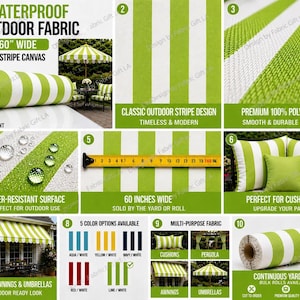 May include: Waterproof outdoor fabric with a lime green and white stripe design. The fabric is 60 inches wide and perfect for awnings, umbrellas, and cushions. It is water-resistant and made of 100% polyester.
