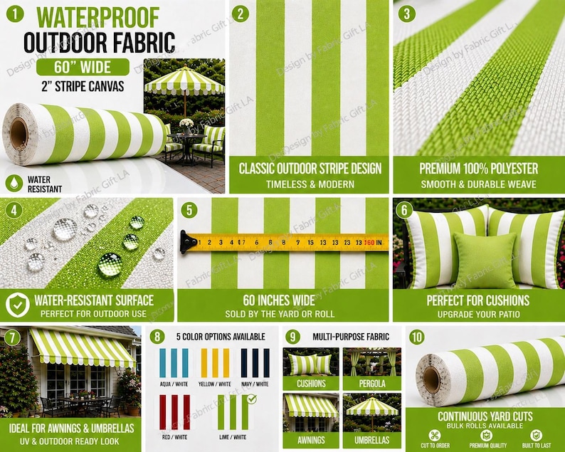 May include: Waterproof outdoor fabric with a lime green and white stripe design. The fabric is 60 inches wide and perfect for awnings, umbrellas, and cushions. It is water-resistant and made of 100% polyester.