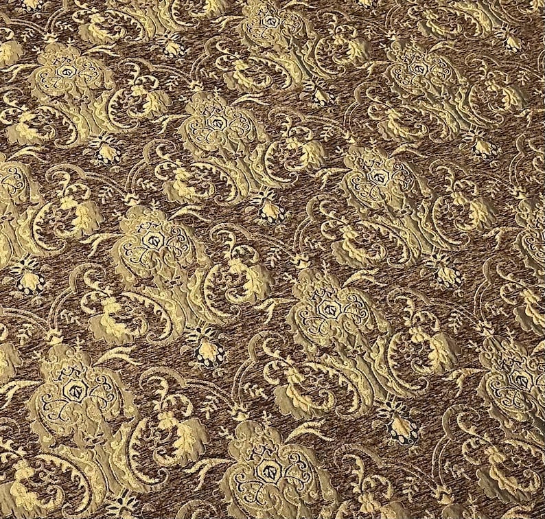 Luxury Chenille Damask Fabric by the Yard, 58” Wide Upholstery Fabric, Heavyweight Curtain Fabric, Baroque Home Decor Textile, Sofa & Pillow Brown/Gold