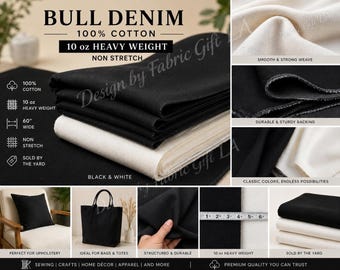 Bull Denim Fabric by the Yard – 10 oz 100% Cotton Non Stretch Denim, 60” Wide Black & White Heavy Weight Fabric for Upholstery, Sewing