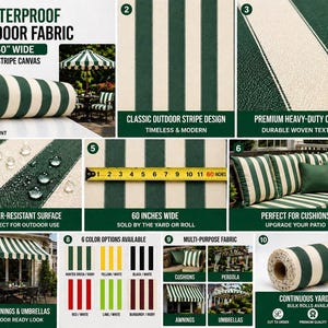 May include: Waterproof outdoor fabric with a classic green and white stripe design. The canvas is 60 inches wide and suitable for awnings, umbrellas, and cushions. The fabric is water-resistant and perfect for outdoor use.