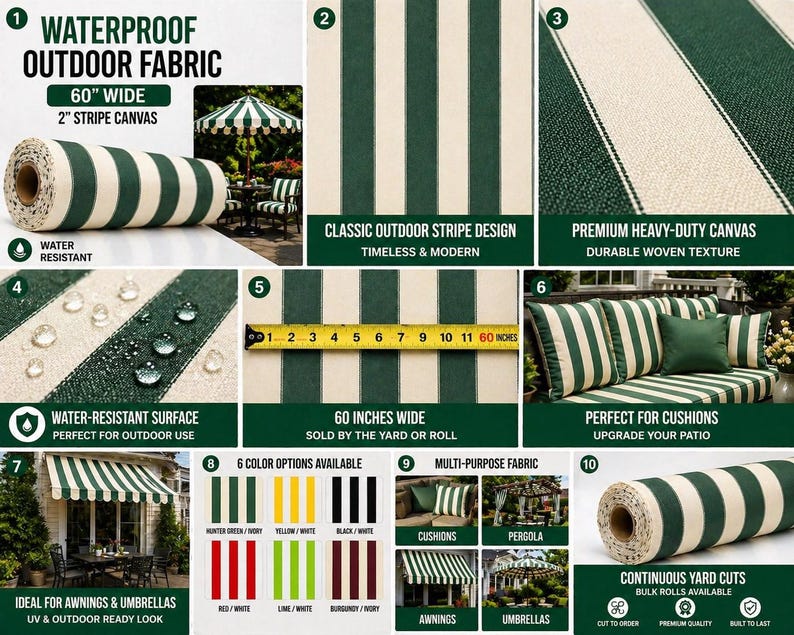 May include: Waterproof outdoor fabric with a classic green and white stripe design. The canvas is 60 inches wide and suitable for awnings, umbrellas, and cushions. The fabric is water-resistant and perfect for outdoor use.