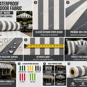 May include: Waterproof outdoor fabric with a 2-inch stripe canvas design, 60 inches wide. The fabric is water-resistant and made of premium 100% polyester. Ideal for awnings, umbrellas, and cushions. Available in multiple colors.