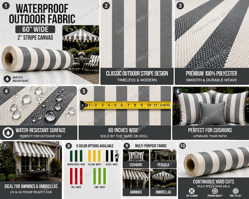 May include: Waterproof outdoor fabric with a 2-inch stripe canvas design, 60 inches wide. The fabric is water-resistant and made of premium 100% polyester. Ideal for awnings, umbrellas, and cushions. Available in multiple colors.