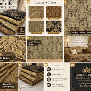 Luxury Chenille Damask Fabric by the Yard, 58” Wide Upholstery Fabric, Heavyweight Curtain Fabric, Baroque Home Decor Textile, Sofa & Pillow image 1