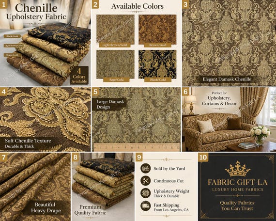 Luxury Chenille Damask Fabric by the Yard, 58” Wide Upholstery Fabric, Heavyweight Curtain Fabric, Baroque Home Decor Textile, Sofa & Pillow