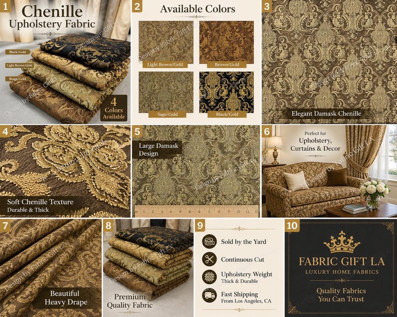 Luxury Chenille Damask Fabric by the Yard, 58” Wide Upholstery Fabric, Heavyweight Curtain Fabric, Baroque Home Decor Textile, Sofa & Pillow image 1