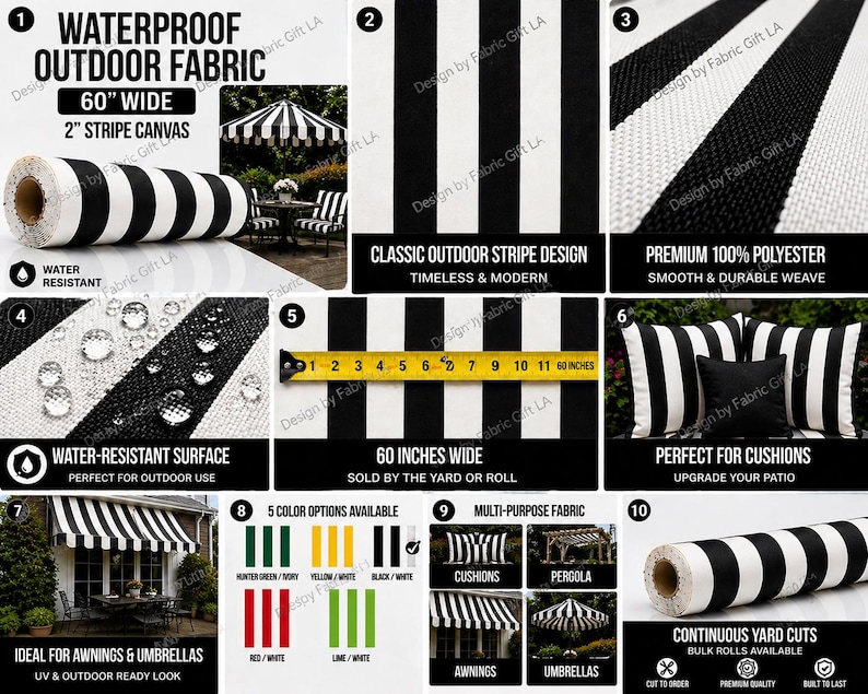 May include: Waterproof outdoor fabric with a classic black and white stripe design. The 60-inch wide canvas is water-resistant and suitable for awnings, umbrellas, and cushions. Available in multiple colors, the fabric is sold by the yard or roll.