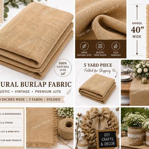 Könnte beinhalten: Ein gefaltetes Stück natürlicher Jute-Stoff mit einer offen gewebten Textur. Das Material ist 101,6 cm breit und 4,57 Meter lang. Der Stoff ist hellbraun und hat ausgefranste Kanten. Er wird in verschiedenen Anwendungen wie Tischläufern und Kränzen gezeigt.