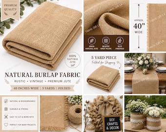 May include: A folded piece of natural burlap fabric with an open weave texture. The material is 40 inches wide and 5 yards long. The fabric is tan in color and features frayed edges. It is shown in various applications including table runners and wreaths.